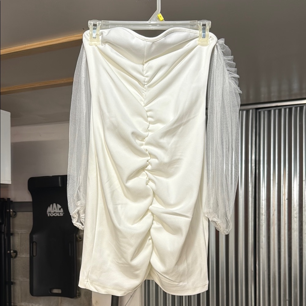 Elegant White Ruched Dress with Sheer Sleeves